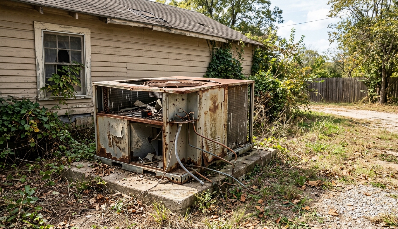 generate a picture of an old broken down hvac packaged unit next to house