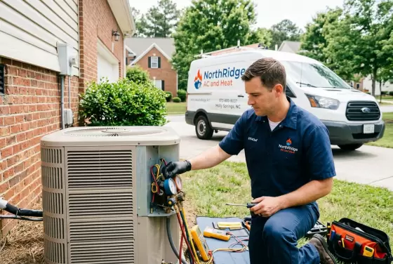 Photorealistic AC Repair service image for NorthRidge AC and Heat in Holly Springs, NC, branded company style, technician completing the specific service, clean professional lighting, no read