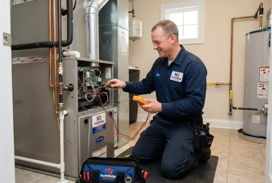 Photorealistic Heating service image for NorthRidge AC and Heat in Holly Springs, NC, branded company style, technician completing the specific service, clean professional lighting, no readab