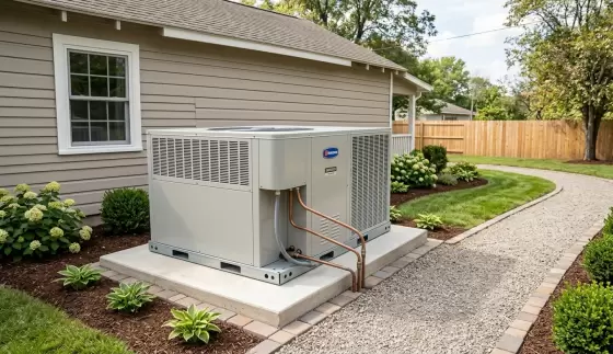 generate a picture of a brand new hvac packaged unit next to renovated house and yard
